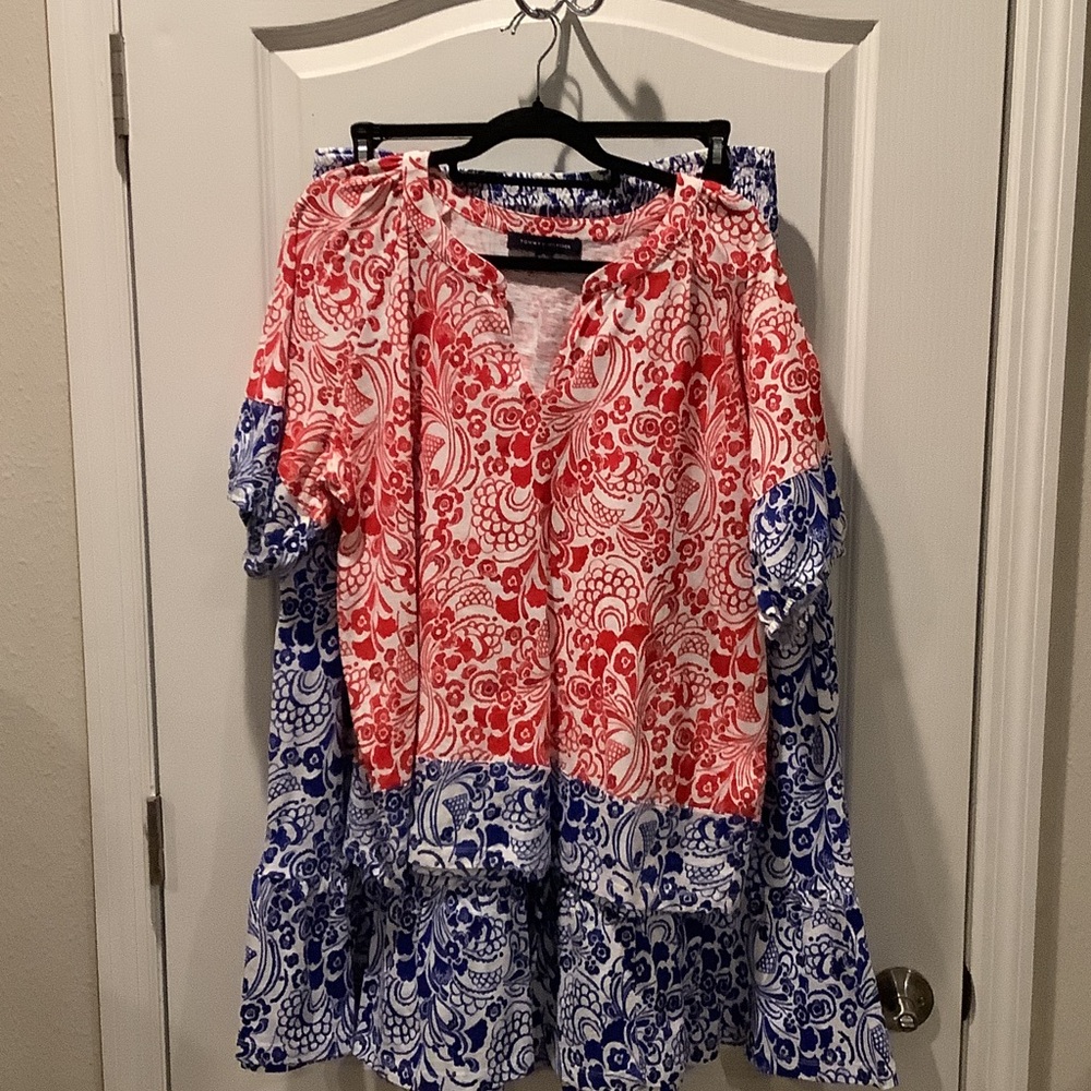 Tommy Hilfiger Red & Blue Paisley Split-Panel Peasant Top